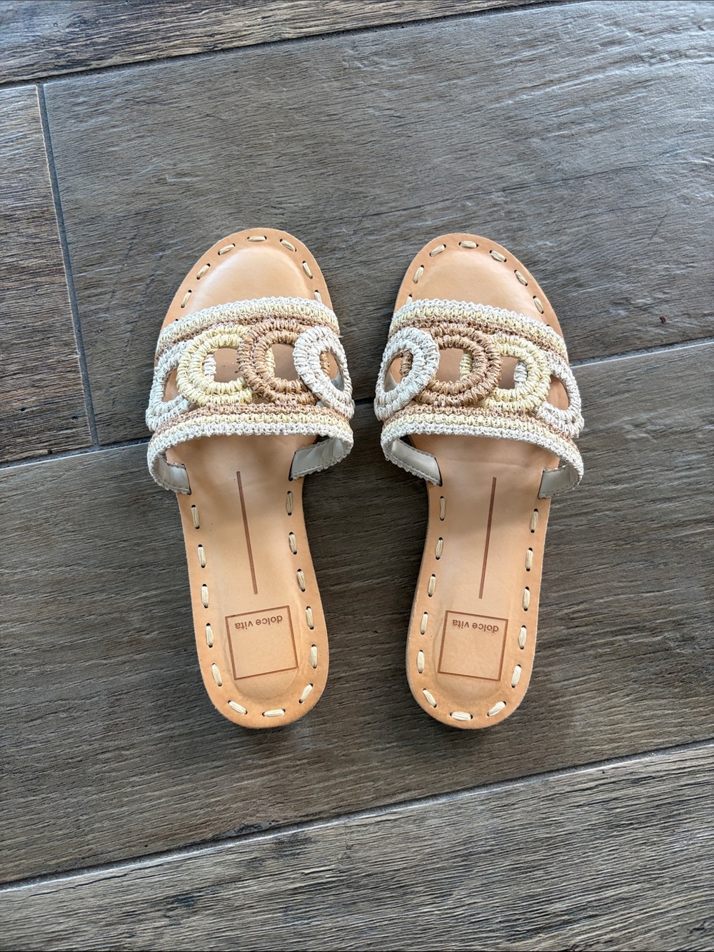 Dolce Vita Tan and Cream Crochet Slide Sandals